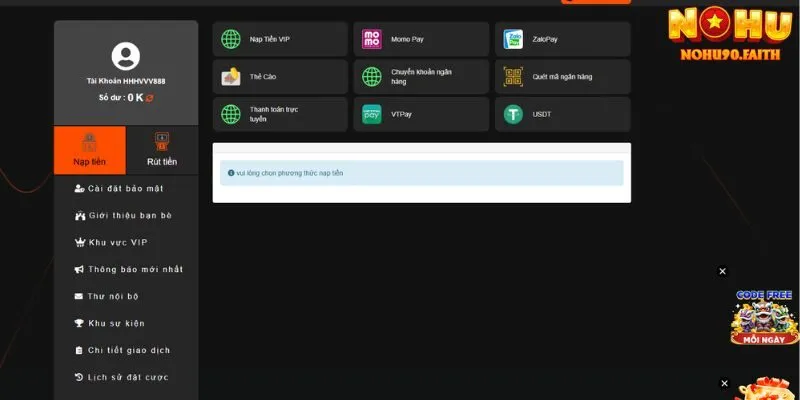 Hướng dẫn giao dịch nạp rút tiền siêu tốc tại Nohu90